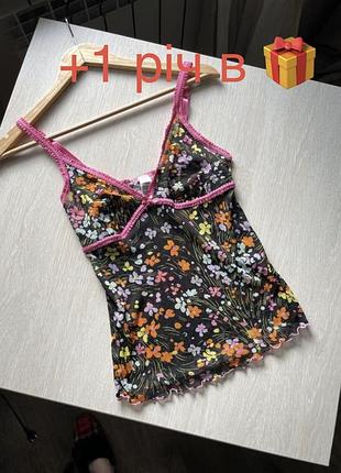 Майка топ сітка прозора в квіти чорна з рюшем dkny