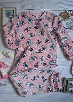 Пижама теплая детская зима розовая мишки для девочки 6-7 лет махра