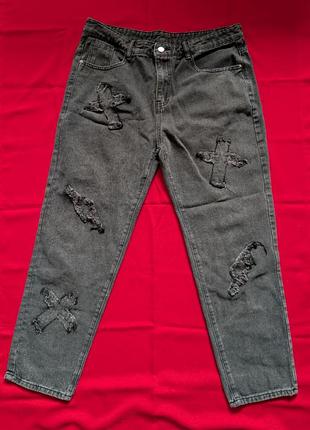 Джинси чоловічі широкі графітові з хрестами y2k grunge streetwear xl