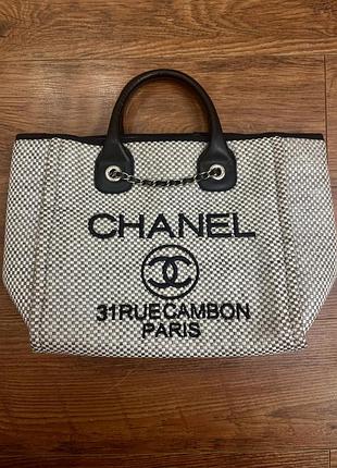 Сумка жіноча chanel тоут текстильна чорно-біла