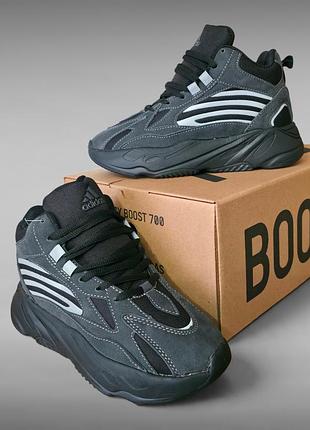 Женские ~ подростковые зимние кроссовки с мехом adidas yeezy boost 700 dark grey (36р/37р/38р/39р/40р/41р)