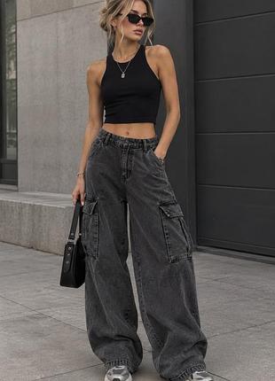 Модні трендові джинси baggy карго сірого кольору висока посадка, унісекс