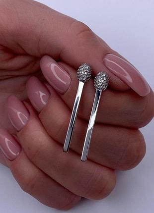 Срібні пуссети сірник, 925, білий фіаніт, родированные, мінімалізм