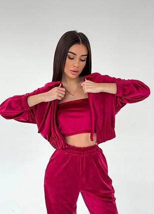 Женский костюм тройка из велюра-плюша - худи, джоггеры и топ