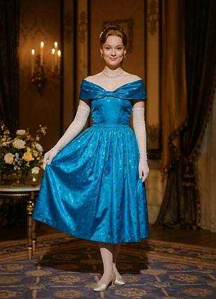 Розкішна вінтажна сукня vivien smith made in england ретро плаття вінтажне англійське розмір xs - s міді лазерного блакитно-синього кольору