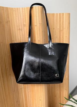 Жіноча шкіряна сумка coach north tote 32 glazed leather black/silver