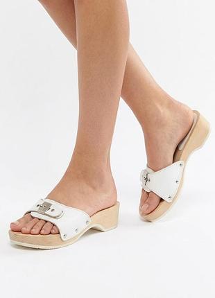 Белые кожаные ортопедические сабо dr. scholl's style на деревянной подошве (италия), размер 39