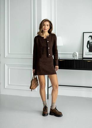 Накладний платіж ❤ 30% вовна вязаний з люрексом костюм вкорочений кардиган на ґудзиках та сукня міні в стилі олд мані