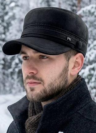 Чоловіча зимова кепка німка paskat із замшевої екошкіри на флісі з відкидними вухами