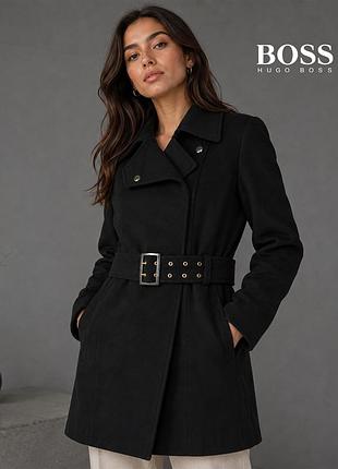 Оригинальное шерстяное черное пальто со складками сзади boss xs