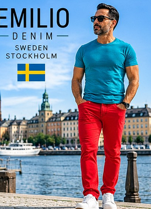Чоловічі джинси emilio denim 🇸🇪 швеція, яскраво-червоні slim fit, w38, довгі l36