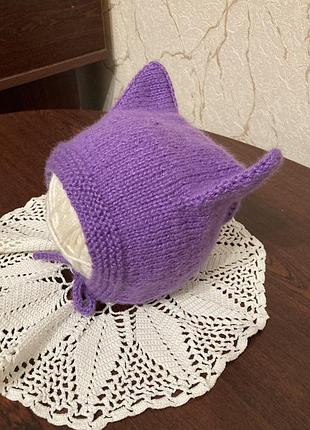 Шапка для немовлят в'язана 🐈‍⬛ котик  фіолетова