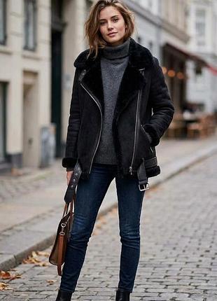 Черная дубленка авиатор zara под нубук оверсайз / замшевая куртка косуха с мехом zara