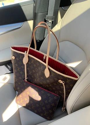 Сумка шопер монограма lv louis vuitton червона всередині neverfull