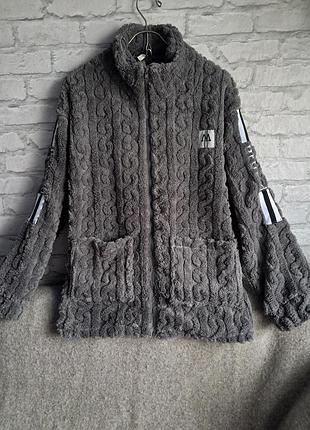 Плюшева кофта-кардиган "травичка" fashion, розмір xl, сіра на блискавці, дуже тепла