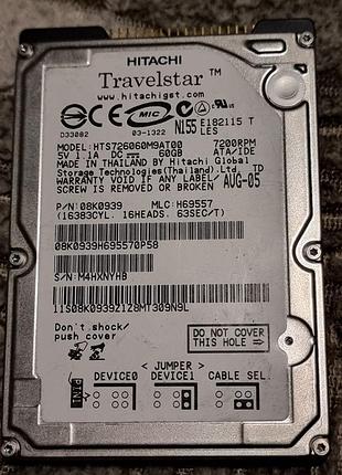 98% ide hdd 2.5 60 гб hitachi 7200 29.8/30.5 жесткий диск hts726060m9at00 хитачи ata pata