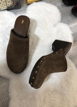 Броги туфлі шльопанці zara жіночі шкіра замш натуральні коричневі