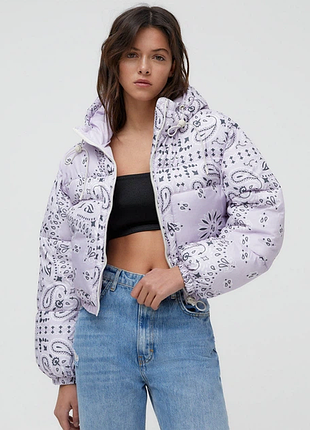 Куртка женская осенне-зимняя короткая pull &amp; bear stwd сиреневая с капюшоном