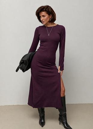 Жіноча в’язана сукня міді з розрізом - баклажан цвет, one size (є розміри)