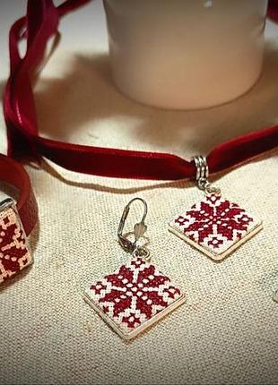 Комплект для жінок алатир, сережки та підвіска, червоний з білим, текстиль
