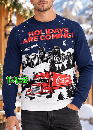 🎁1+1=3 новогодний синий мужской свитер coca cola, размер 48 - 50