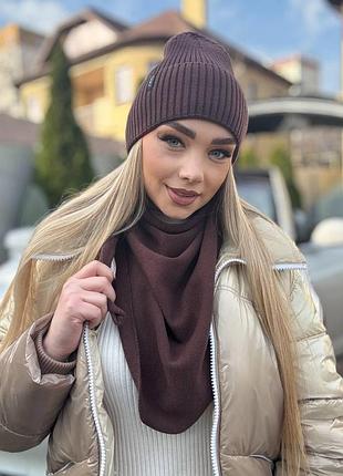 Женский комплект шапка nicoletta и бактус, женская шапка, шапка шоколад, 55-60