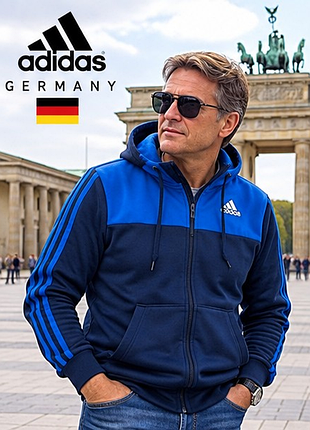 Чоловіча спортивна кофта adidas climawarm з капюшоном на блискавці, темно-синя з яскраво-синіми вставками, три смужки, s / 46
