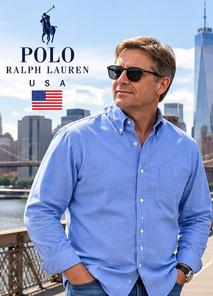 Мужская рубашка polo ralph lauren oxford 100% хлопок, голубая, большой размер xl / 56, классика премиум