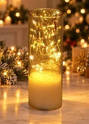 Декоративный светильник свеча на батарейках 7,5×20 см, 20 led, эффект золотого стекла, теплый белый свет