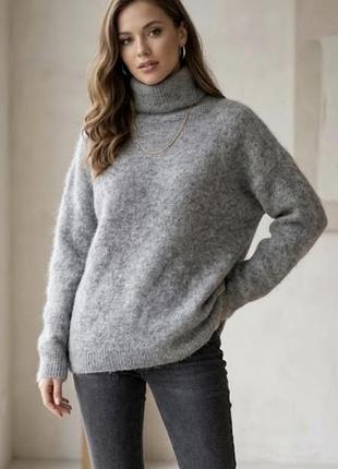 Пушистый серый свитер оверсайз h&amp;m premium с шерстью и альпакой, р. м