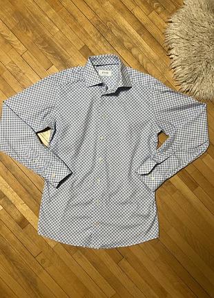 Преміальна чоловіча сорочка eton slim fit у біло-блакитному кольорі з дрібним геометричним візерунком. розмір 38 (m). якісна бавовна, стильний крій.