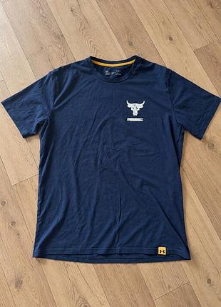 Чоловіча футболка under armour project rock heatgear loose fit темно-синя, розмір l, бавовна