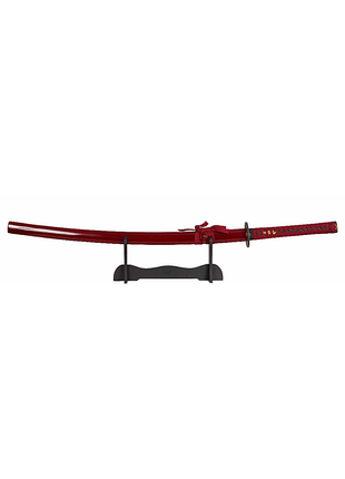 Японская катана красная + подставка деревяная, самурайская katana меч, красная плетеная (шнуровка) рукоять