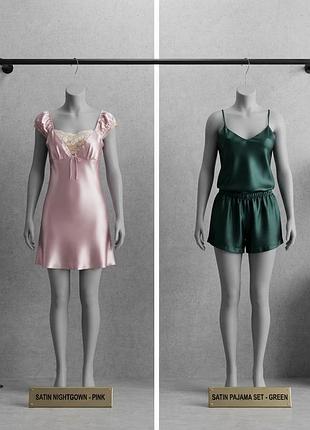 Піжама жіноча satin nightgown рожева та satin pajama set зелена