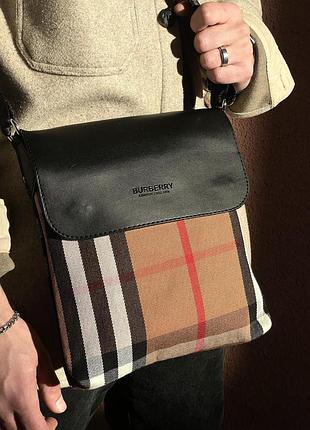 Мессенджер кожаный burberry черный с клеткой #