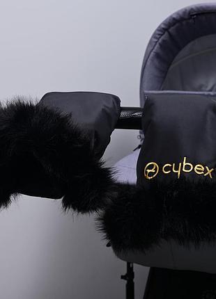 Муфточки зимние черные с золотой вышивкой cybex, перчатки на коляску, универсального размера с черным мехом