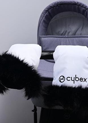 Муфточки зимние белые с вышивкой cybex, перчатки на коляску, универсального размера с черным мехом