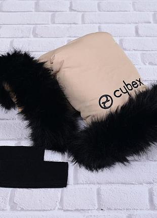Муфточки зимові бежеві з вишивкою cybex, рукавички на коляску, універсального розміру з чорним хутром