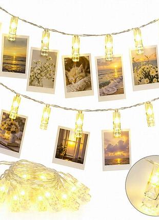 Lu999 led фотоланцюжок 4,5 м із кліпсами, 20 тепло-білих світлодіодів, декоративний світлодіодний ланцюжок з живленням від usb