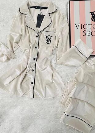 Пижама женская бархат рубашка и штаны viktoria secret (виктория сикрет)