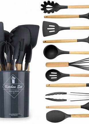 Набор кухонной утвари kitchen art из 12 предметов: силиконовые приборы с деревянными ручками и подставкой для хранения