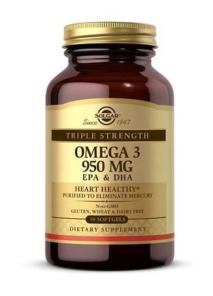 Омега-3 950 мг (epa 504 мг, dha 378 мг) для волосся і жінок solgar omega-3 epa & dha triple strength 950 mg 50 м'яких капсул