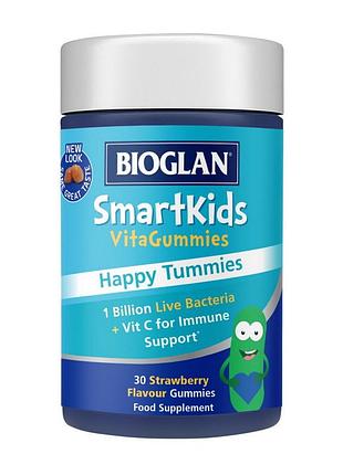 Пробиотики для детей с витамином c bioglan smartkids happy tummies 30 жевательных пастилок клубника