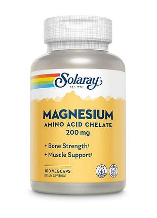 Комплекс магнію (хелат, оксид) для сну та від судом solaray magnesium amino acid chelate 200 mg 100 вегетаріанських капсул