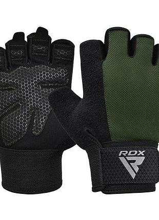 Перчатки для зала и фитнеса без пальцев с напульсником rdx w1 half army plus зелёные