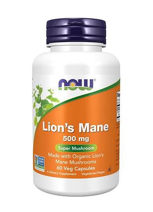 Ежовик гребенчатый (lion's mane) 500 мг для памяти, мозга и нервной системы now lion's mane 500 mg 60 вегетарианских капсул