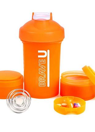 Шейкер для протеина с двумя контейнерами и таблетницей brave u shaker 3 in 1 450 мл