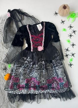 Карнавальный костюм, платье, платье с обручем-фатой мертвая невеста, santa muerte, мексиканский сеньорита на halloween 8-10 лет