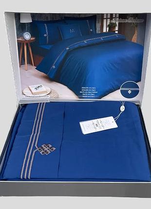 Постільна білизна євро сатин жакард 100% бавовна 200×220 maison d'or navy brown синя