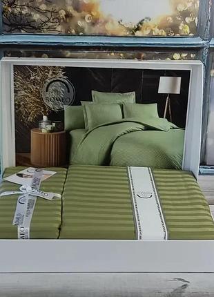 Постільна білизна євро сатин страйп 100% бавовна 200×220 romeo home line moss зелена